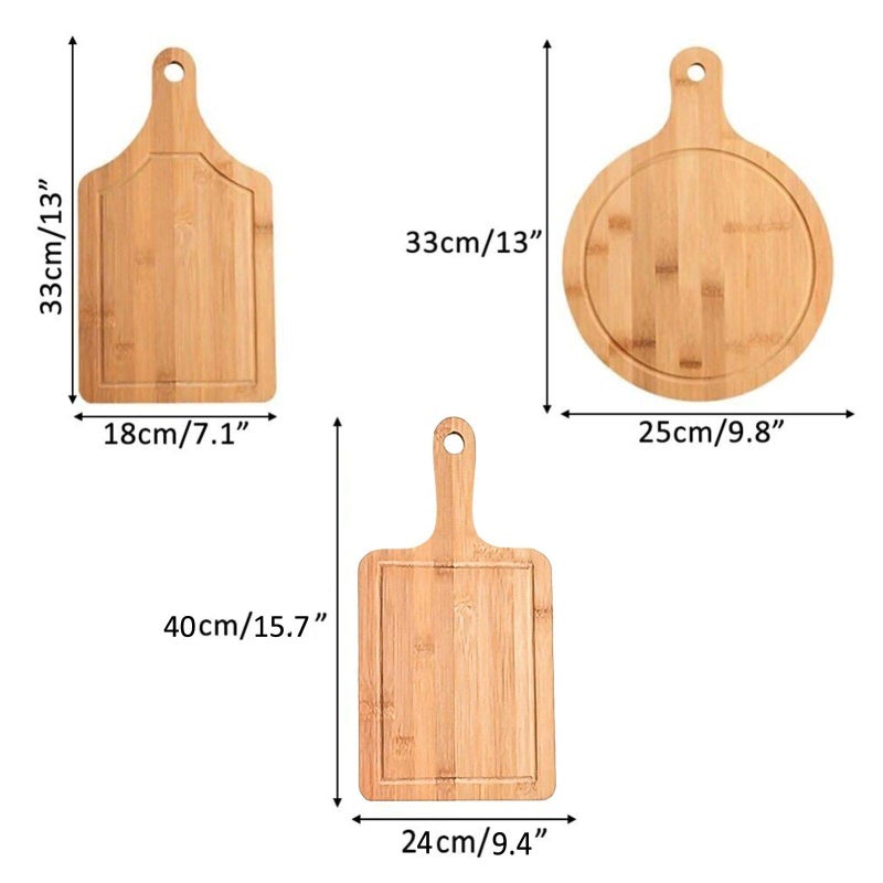 Guojanfon Bamboo Cutting Board Set 3PCS Meat Chopping Boards Pizza Peel Paddle with Handle for Homemade Baking Pizza Bread Cake Fruit Vegetables (3PCS Set- Board) - Image 2